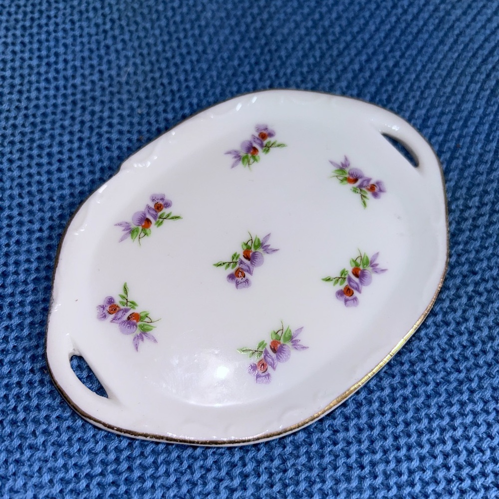 Porcelain Decorative Jewelry Tray with Purple Floral Motif